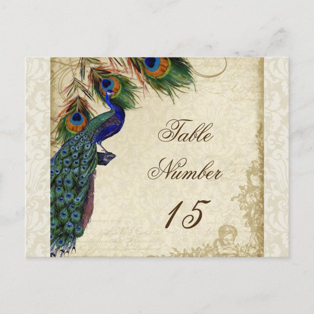 Peacock & Feathers Formal Wedding Table Numbers Postcard (Front)