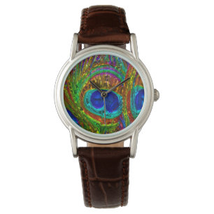 Peacock Feathers Glass Art Watch & Numeral Options