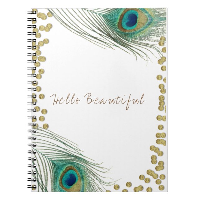 Peacock Feathers & Gold Boho Glam Elegant Notebook (Front)