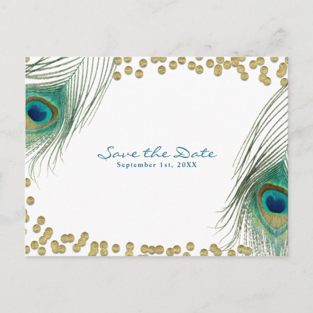 Peacock Feathers & Gold Boho Glam Save the Date Announcement Postcard (Front)