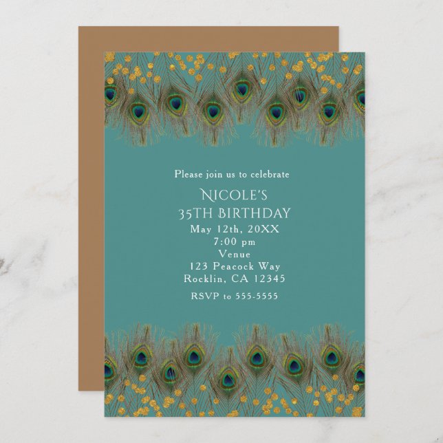 Peacock Feathers & Gold Dots ANY COLOR Invitation (Front/Back)