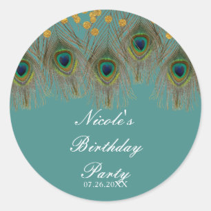 Peacock Feathers & Gold Dots ANY COLOR Party Favou Classic Round Sticker