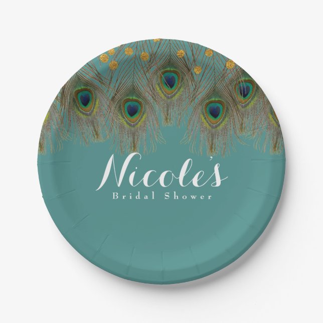 Peacock Feathers & Gold Dots ANY COLOR Party Paper Plate (Front)