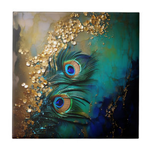 Peacock feathers gold foil splash marbled wall ceramic tile