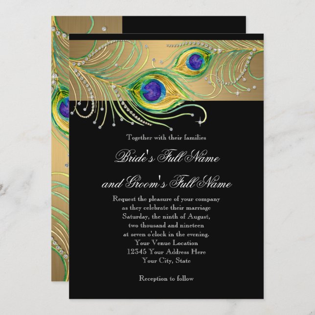 Peacock Feathers Gold n Black Modern Jewel Swirl Invitation (Front/Back)