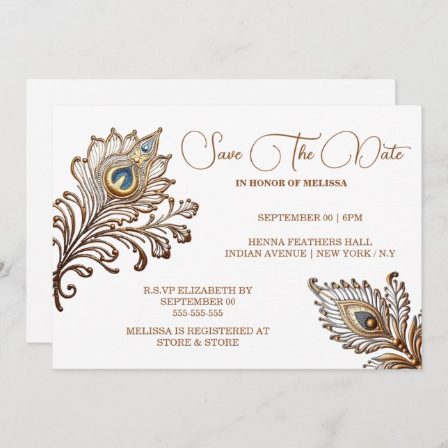 Peacock feathers henna inspired save date invitation (Front/Back)