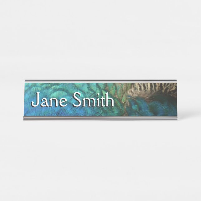 Peacock Feathers I Colourful Abstract Nature Desig Desk Name Plate (Front)
