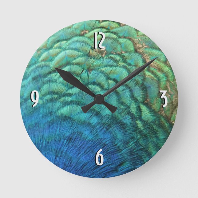 Peacock Feathers I Colourful Abstract Nature Desig Round Clock (Front)