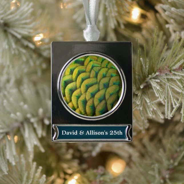 Peacock Feathers II Colourful Nature Silver Plated Banner Ornament (Tree)