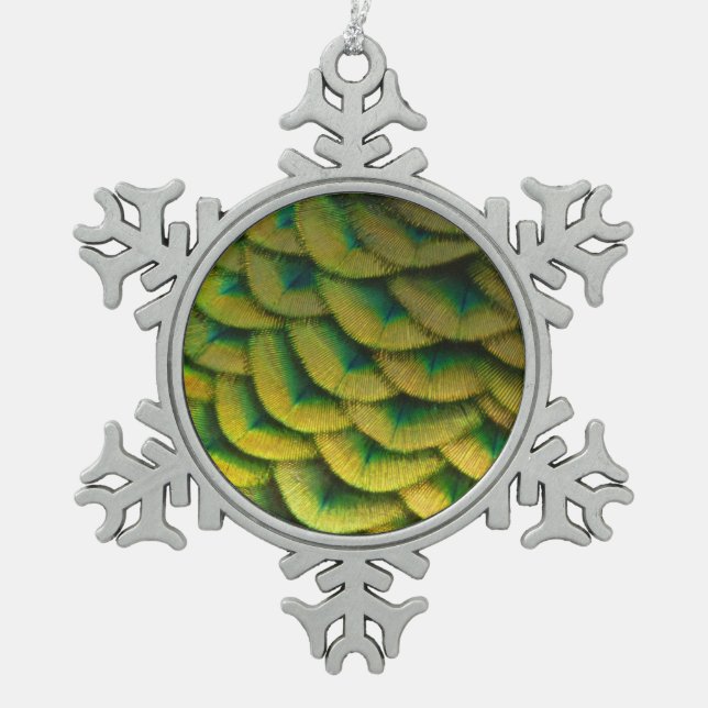 Peacock Feathers II Colourful Nature Snowflake Pewter Christmas Ornament (Front)