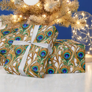 Peacock feathers iridescent luxury gold seamless  wrapping paper