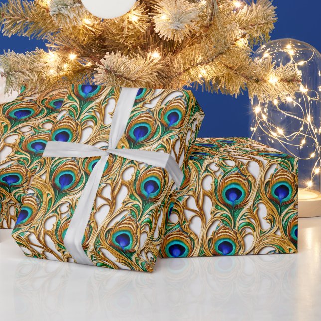 Peacock feathers iridescent luxury gold seamless  wrapping paper (Holidays)