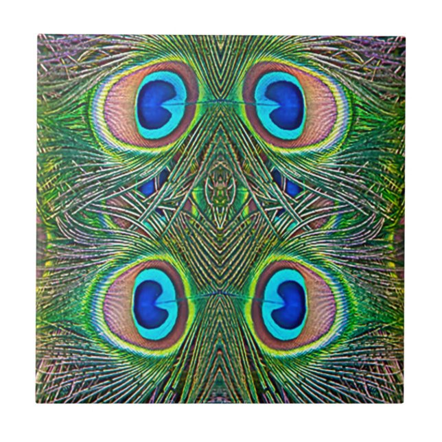 Peacock Feathers Kaleidoscope Print Ceramic Tile (Front)