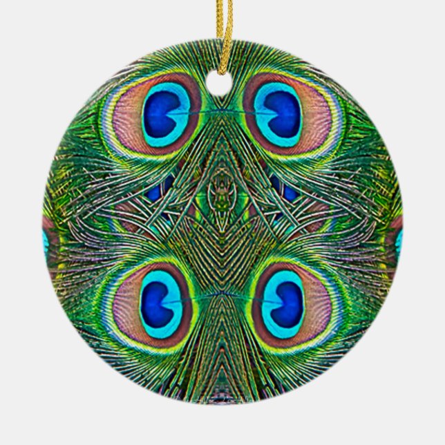 Peacock Feathers Kaleidoscope Print Ceramic Tree Decoration (Front)