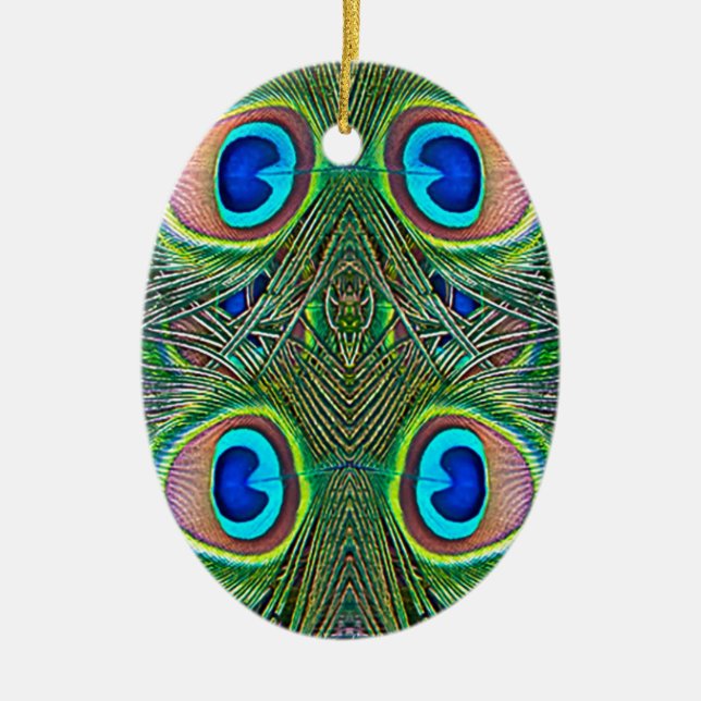 Peacock Feathers Kaleidoscope Print Ceramic Tree Decoration (Front)