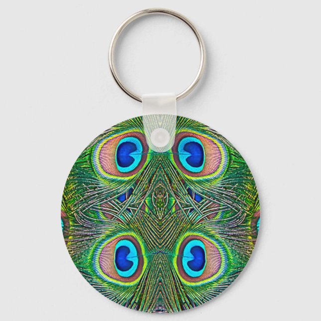 Peacock Feathers Kaleidoscope Print Key Ring (Front)