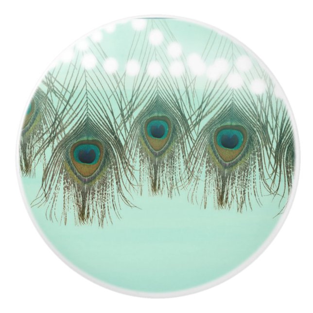 Peacock Feathers & Lights Rustic Chic Elegant Ceramic Knob (Front)