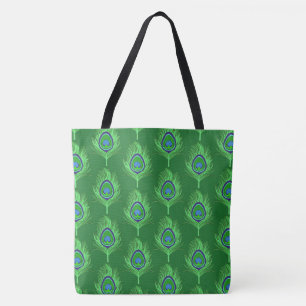 Peacock Feathers, Lime Green on Emerald Green Tote Bag