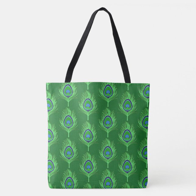 Peacock Feathers, Lime Green on Emerald Green Tote Bag (Front)