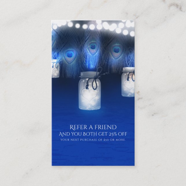 Peacock Feathers, Mason Jar Lights Refer a Friend Referral Card (Front)