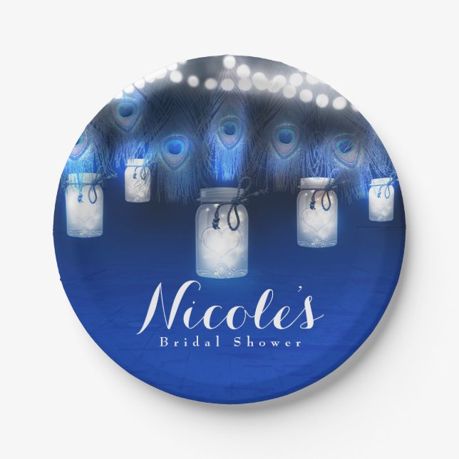 Peacock Feathers, Mason Jar & String Lights Party Paper Plate (Front)
