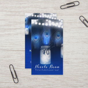 Peacock Feathers, Mason Jar & String Lights Rustic Business Card