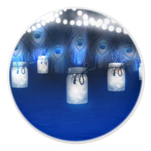 Peacock Feathers, Mason Jar & String Lights Rustic Ceramic Knob