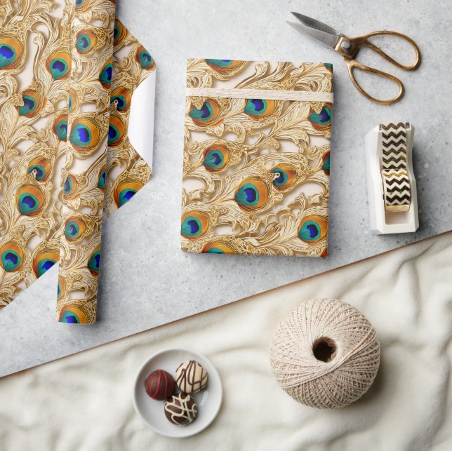 Peacock feathers modern gold art nouveau elegant wrapping paper (Crafts)