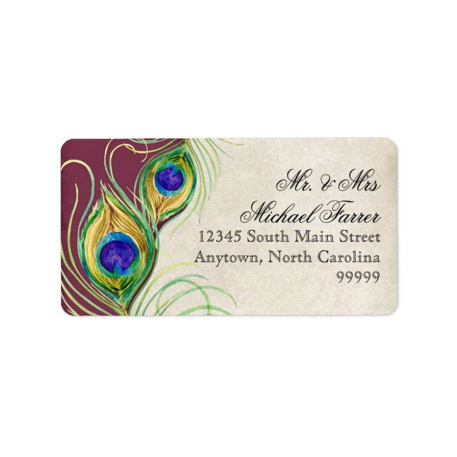 Peacock Feathers Modern Wedding Matching Labels (Front)