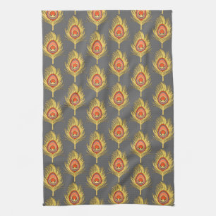 Peacock Feathers, Mustard Yellow on Grey / Grey Tea Towel