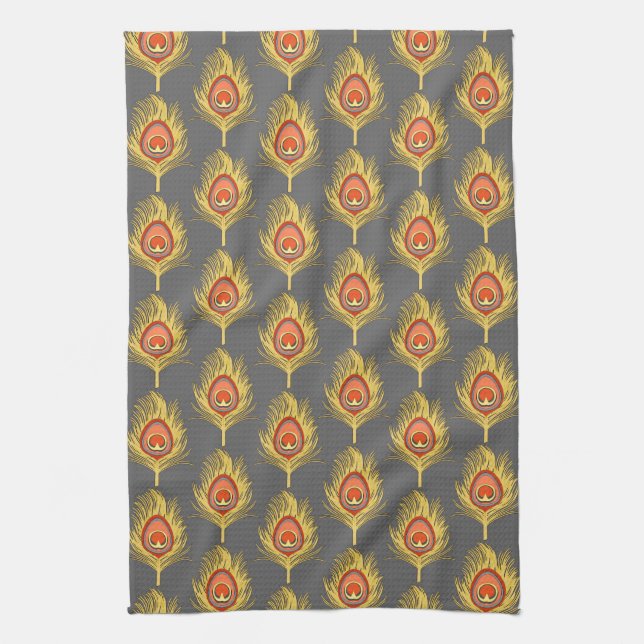 Peacock Feathers, Mustard Yellow on Grey / Grey Tea Towel (Vertical)