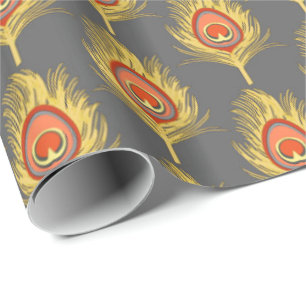Peacock Feathers, Mustard Yellow on Grey / Grey Wrapping Paper