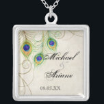 Peacock Feathers n Swirls Wedding or Anniversary Silver Plated Necklace<br><div class="desc">This is a contemporary,  sophisticated design featuring stylised,  hand watercolored Peacock feathers,  on a handpainted lace and parchment background. YOU MIGHT ALSO ENJOY:COMPLETE COLLECTION AT:http://www.zazzle.com/audreyjeanne/gifts?cg=196290129138184832  INVITATIONS: 



 



 RSVP RESPONSE CARD: 



 RECEPTION: 



 ORNAMENTS: 



 BRIDAL JEWELRY,  NECKLACE: 



 IPAD: 



 IPHONE CASE:</div>