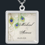 Peacock Feathers n Swirls Wedding or Anniversary Silver Plated Necklace<br><div class="desc">This is a contemporary,  sophisticated design featuring stylised,  hand watercolored Peacock feathers,  on a handpainted lace and parchment background. YOU MIGHT ALSO ENJOY:COMPLETE COLLECTION AT:http://www.zazzle.com/audreyjeanne/gifts?cg=196290129138184832  INVITATIONS: 



 



 RSVP RESPONSE CARD: 



 RECEPTION: 



 ORNAMENTS: 



 BRIDAL JEWELRY,  NECKLACE: 



 IPAD: 



 IPHONE CASE:</div>