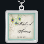 Peacock Feathers n Swirls Wedding or Anniversary Silver Plated Necklace<br><div class="desc">This is a contemporary,  sophisticated design featuring stylised,  hand watercolored Peacock feathers,  on a handpainted lace and parchment background. YOU MIGHT ALSO ENJOY:COMPLETE COLLECTION AT:http://www.zazzle.com/audreyjeanne/gifts?cg=196290129138184832  INVITATIONS: 



 



 RSVP RESPONSE CARD: 



 RECEPTION: 



 ORNAMENTS: 



 BRIDAL JEWELRY,  NECKLACE: 



 IPAD: 



 IPHONE CASE:</div>