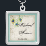 Peacock Feathers n Swirls Wedding or Anniversary Silver Plated Necklace<br><div class="desc">This is a contemporary,  sophisticated design featuring stylised,  hand watercolored Peacock feathers,  on a handpainted lace and parchment background. YOU MIGHT ALSO ENJOY:COMPLETE COLLECTION AT:http://www.zazzle.com/audreyjeanne/gifts?cg=196290129138184832  INVITATIONS: 



 



 RSVP RESPONSE CARD: 



 RECEPTION: 



 ORNAMENTS: 



 BRIDAL JEWELRY,  NECKLACE: 



 IPAD: 



 IPHONE CASE:</div>