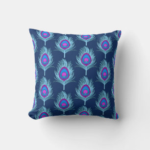 Peacock Feathers, Navy and Pastel Blue Cushion