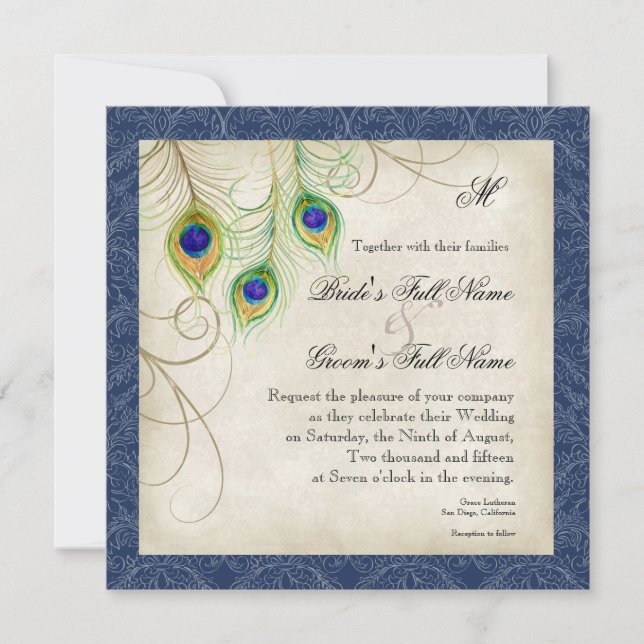 Peacock Feathers Navy Blue Wedding Invitation (Front)