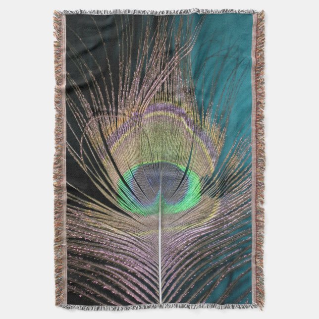 Peacock Feathers on black and turquoise Throw Blanket (Front Vertical)