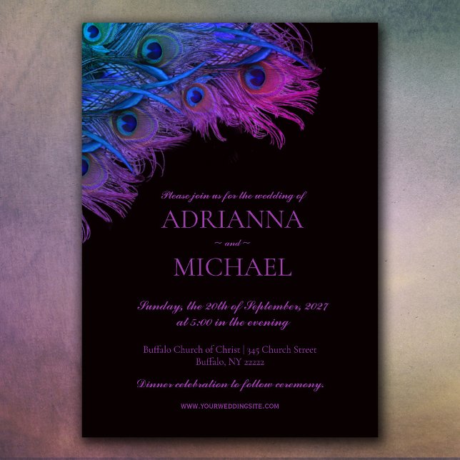 Peacock Feathers on Black Wedding Invitation (Creator Uploaded)