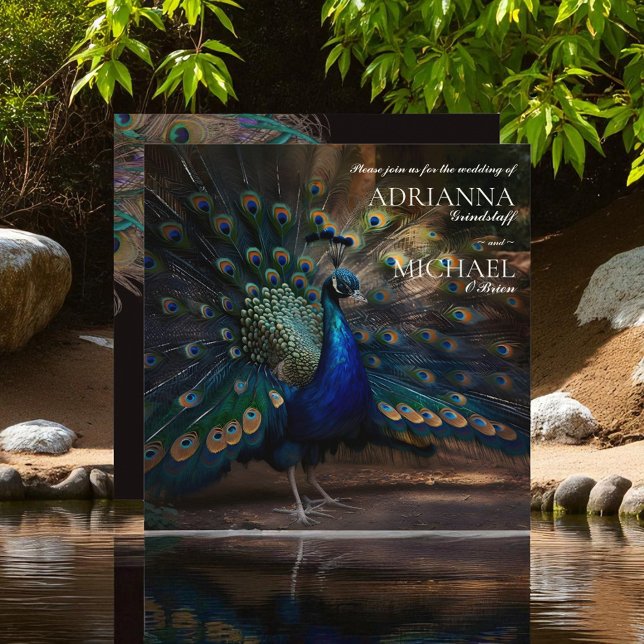 Peacock Feathers on Black Wedding Invitation (Creator Uploaded)