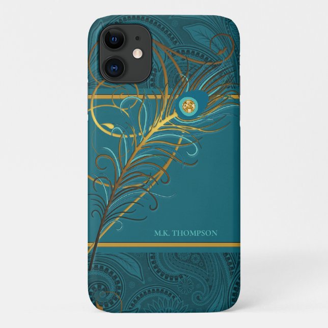 Peacock Feathers on Teal Paisley Case-Mate iPhone Case (Back)