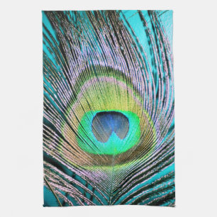 Peacock Feathers on turquoise Tea Towel