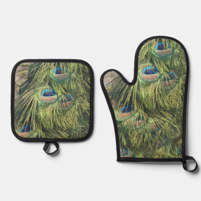 Peacock Feathers Oven Mitt & Pot Holder Set (Front)