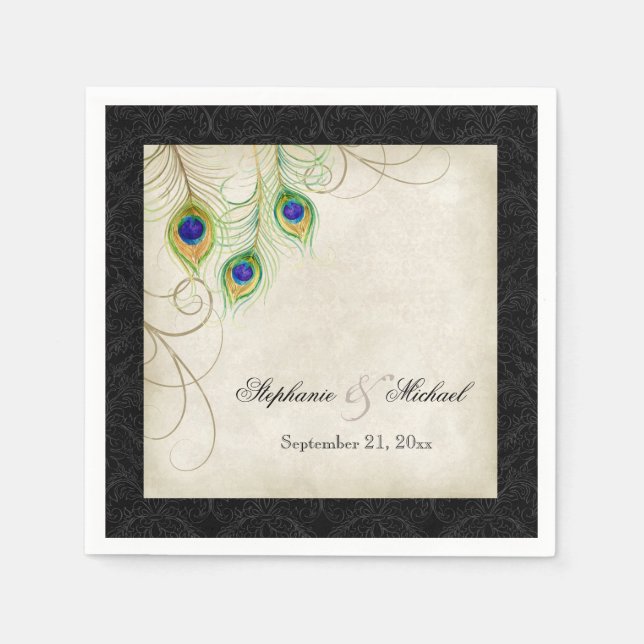 Peacock Feathers Parchment Wedding Reception Decor Napkin (Front)