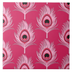 Peacock Feathers, Pastel Pink on Fuchsia Pink Ceramic Tile