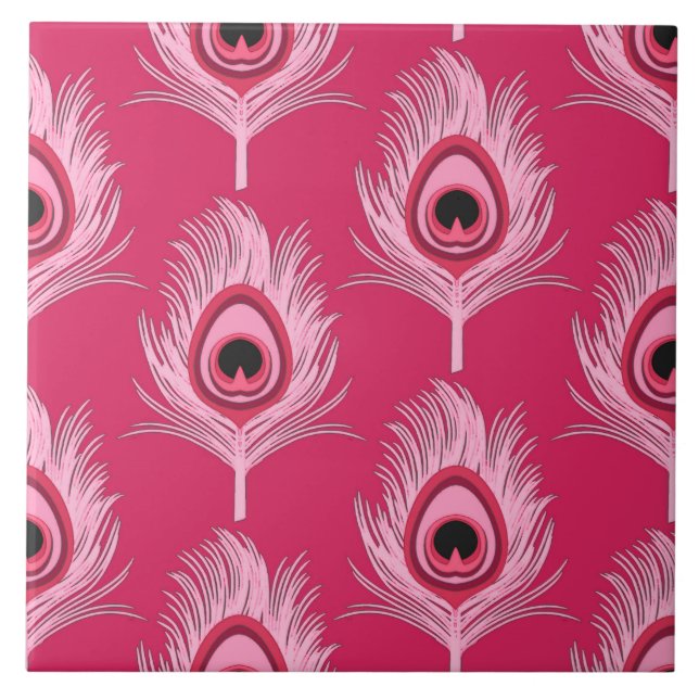 Peacock Feathers, Pastel Pink on Fuchsia Pink Ceramic Tile (Front)