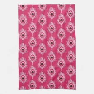 Peacock Feathers, Pastel Pink on Fuchsia Pink Tea Towel