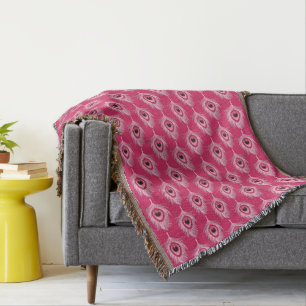 Peacock Feathers, Pastel Pink on Fuchsia Pink Throw Blanket