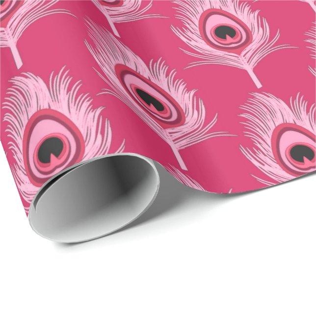 Peacock Feathers, Pastel Pink on Fuchsia Pink Wrapping Paper (Roll Corner)